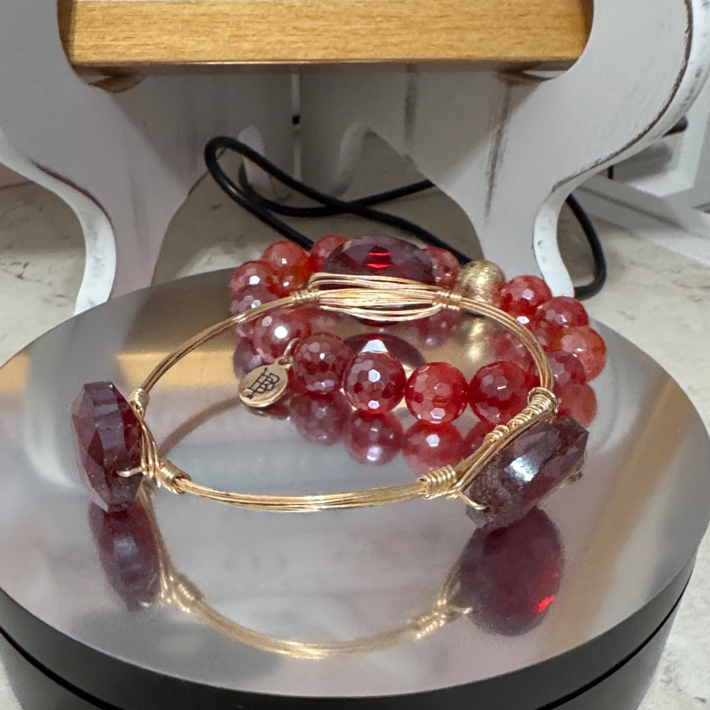 Bourbon And Boweties Gold Wire Bangle With Red Faceted Gem Accents 55$